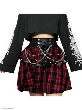 Gothic Pleated Mini Skirt High Waisted A-Line Double Layer